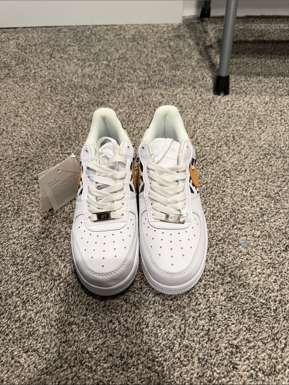 Nike Air Force 1 Low White with Mustard and Brown Cow Print Swoosh - Picture 2 of 3